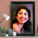 A framed realistic portrait painting of a smiling woman with long wavy hair, displayed on a desk with decorative items and a lamp.